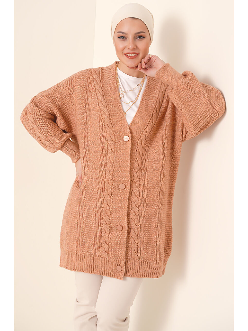 Pembe 15768 Tesettür Triko Hırka - Somon