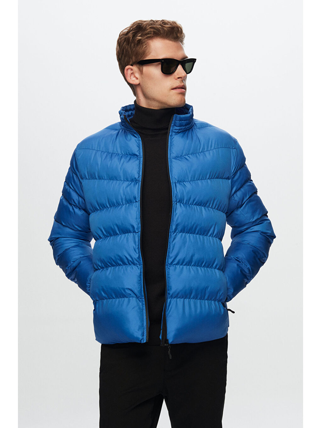 Slim Fit Mavi Rüzgar Geçirmez Elyaf Dolgulu Şişme Mont-1