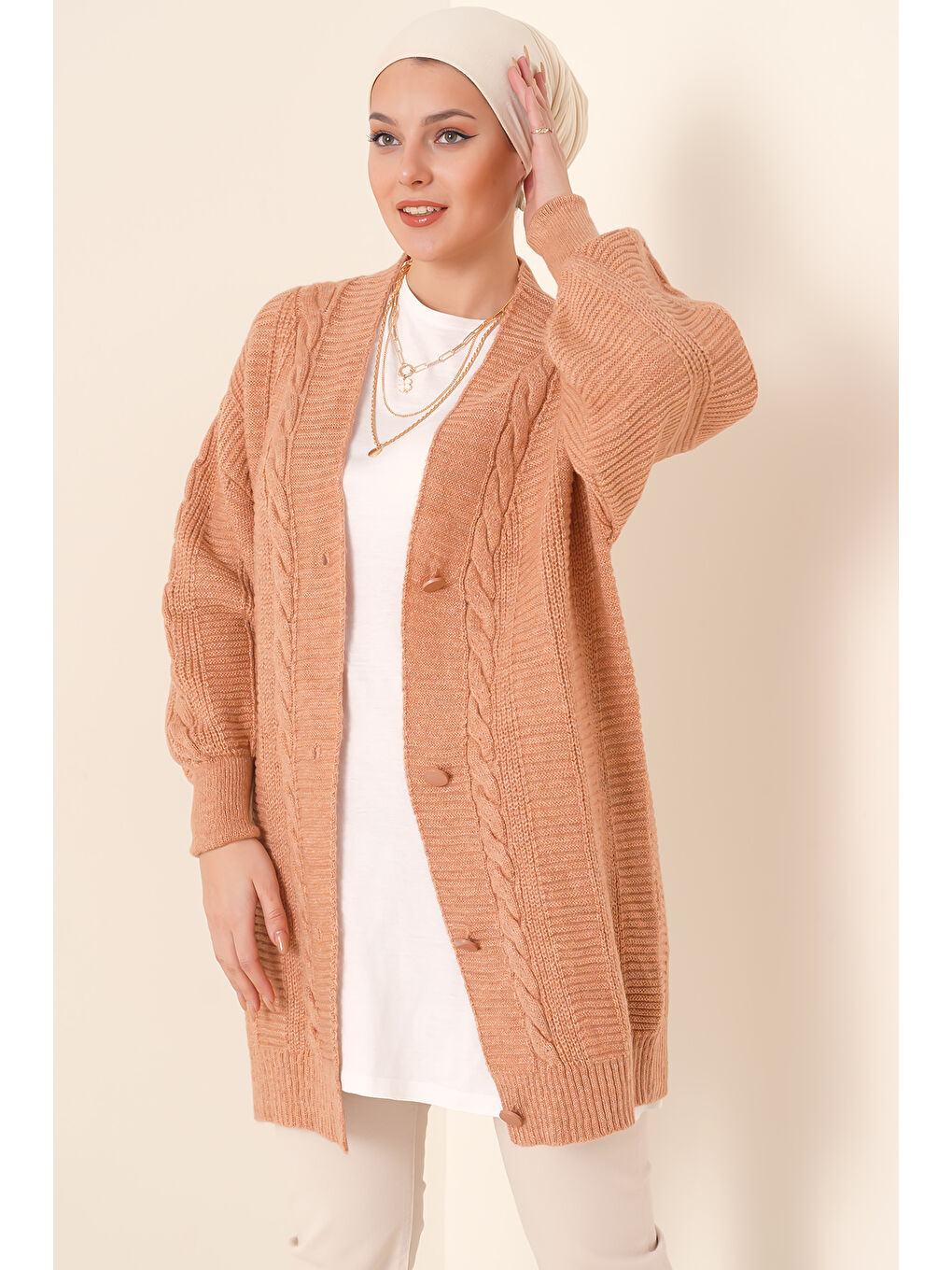 Pembe 15768 Tesettür Triko Hırka - Somon-1