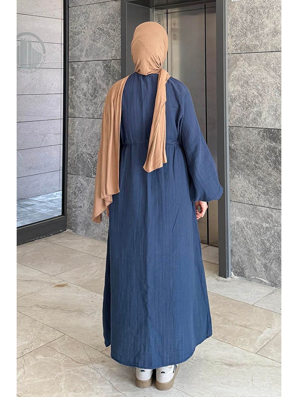 Balon Kol Bağlamalı Tesettür Elbise Lacivert-3