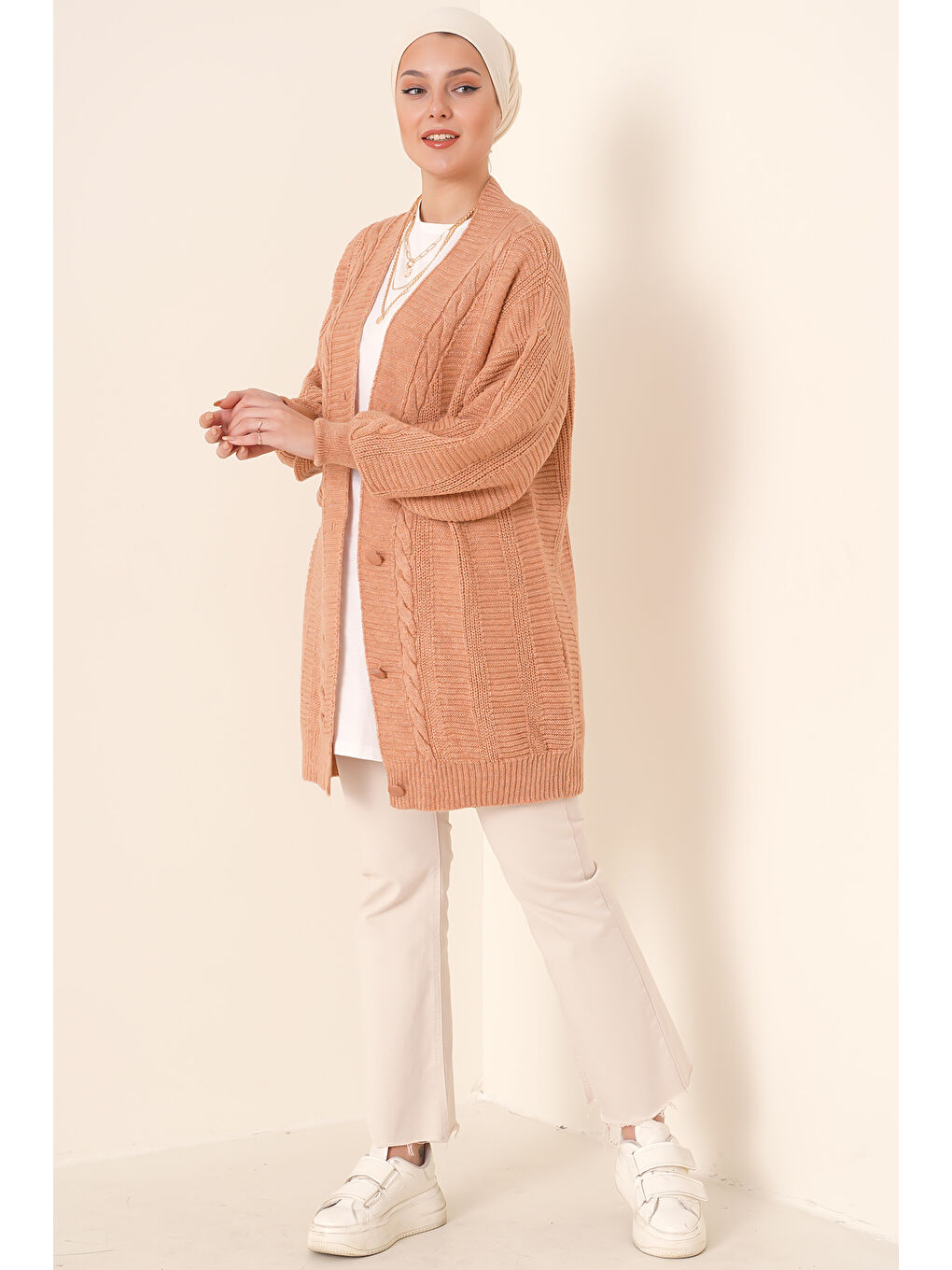 Pembe 15768 Tesettür Triko Hırka - Somon-2