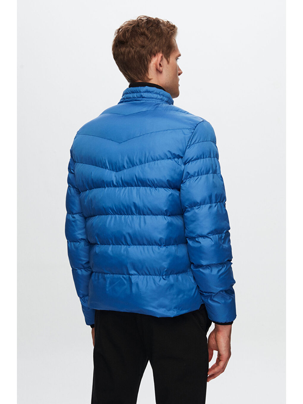 Slim Fit Mavi Rüzgar Geçirmez Elyaf Dolgulu Şişme Mont-3