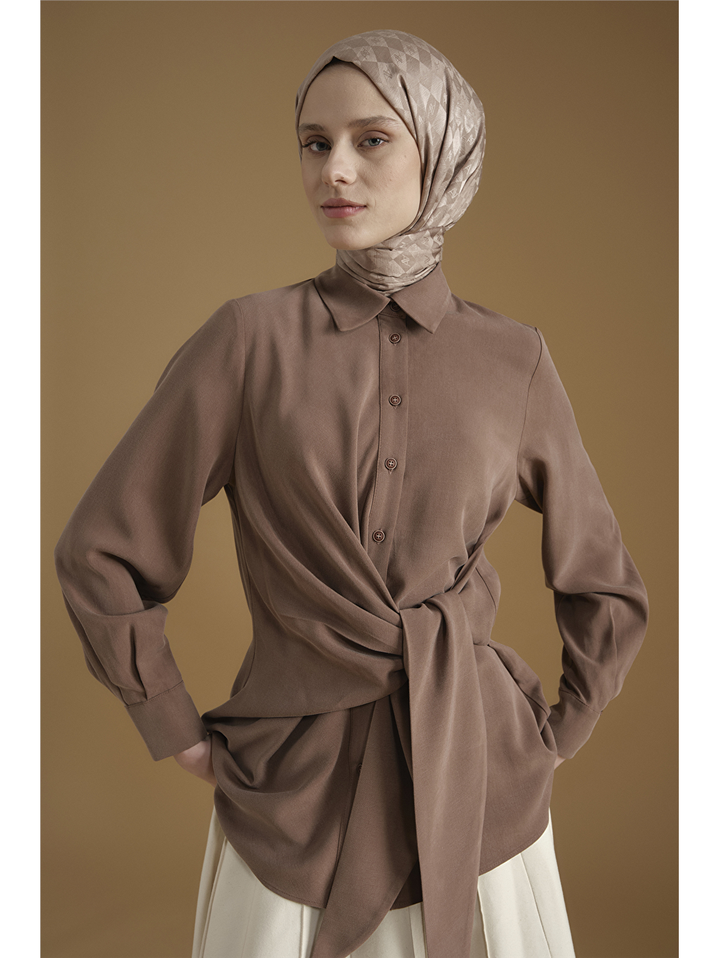 Kahverengi Bağlama Detaylı Tunik Kakao-3