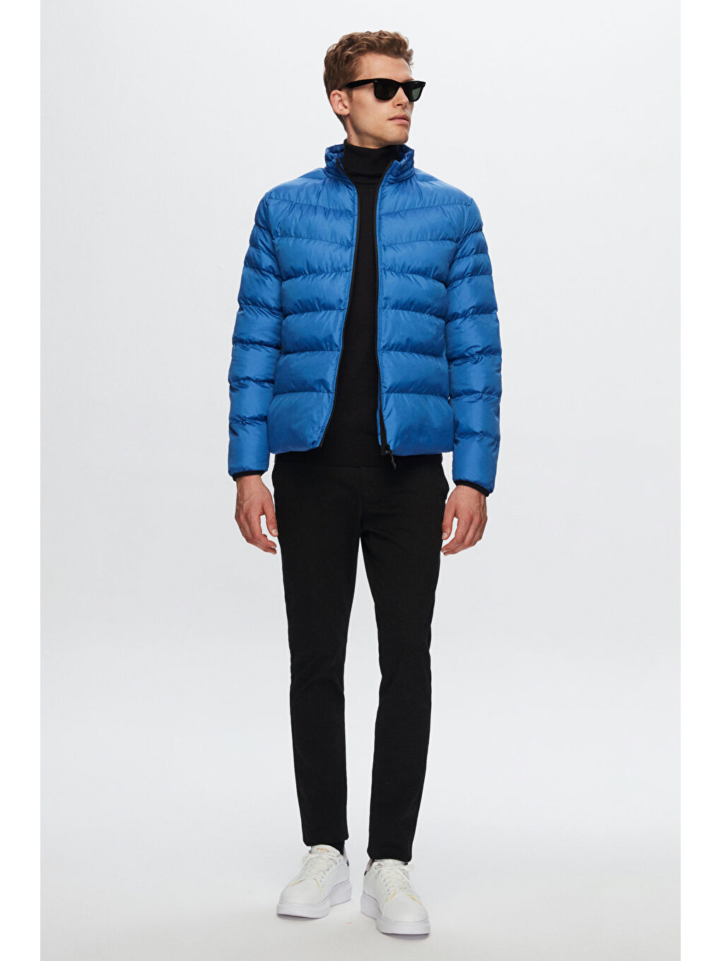 Slim Fit Mavi Rüzgar Geçirmez Elyaf Dolgulu Şişme Mont-5