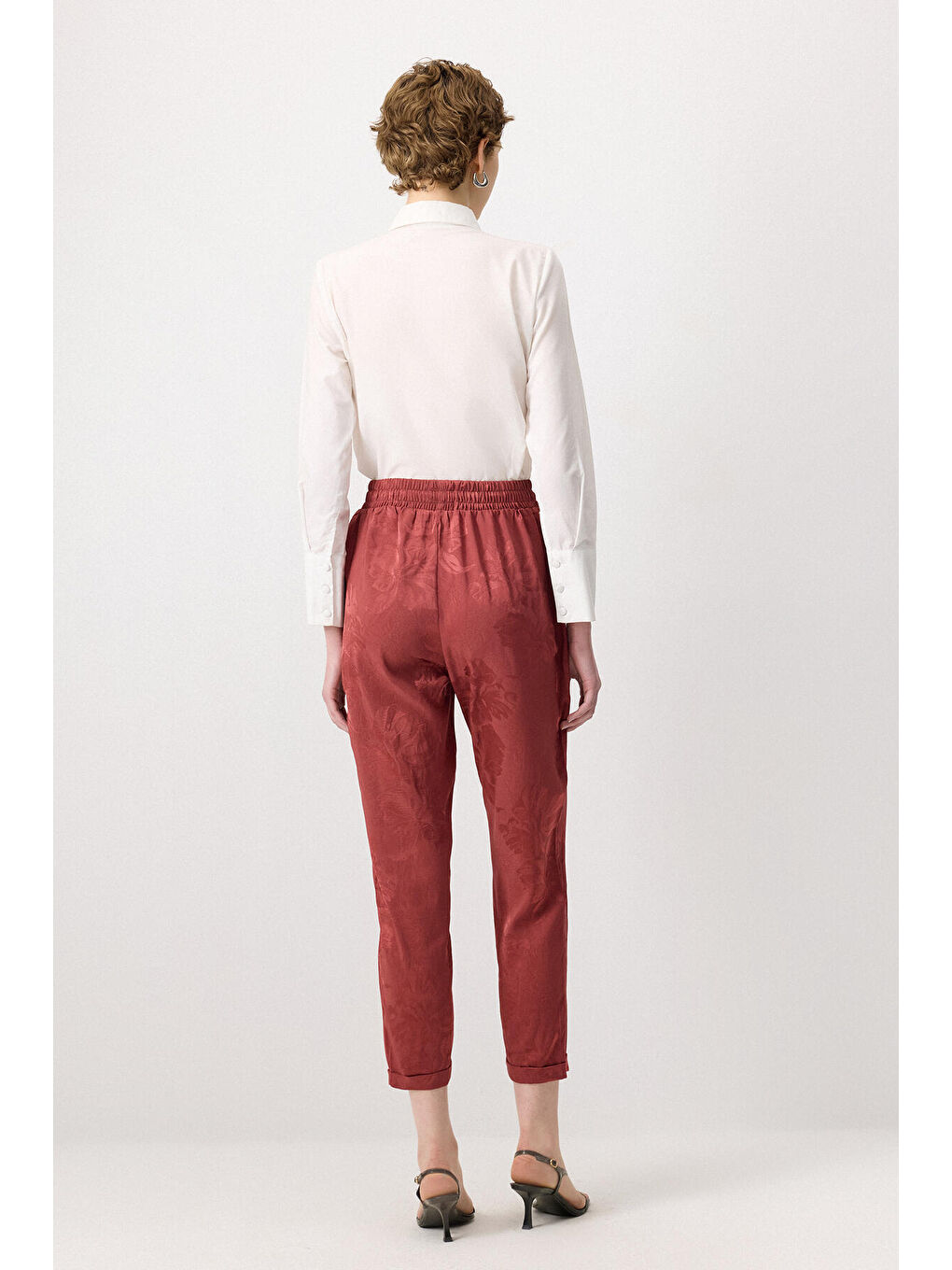 Bordo Beli Lastikli Jakarlı Pantolon-2