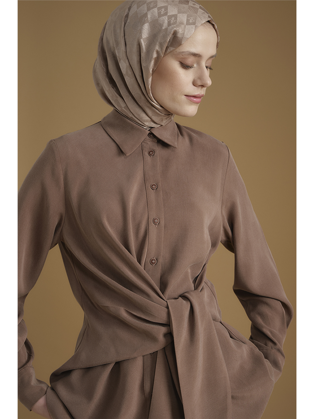 Kahverengi Bağlama Detaylı Tunik Kakao-4