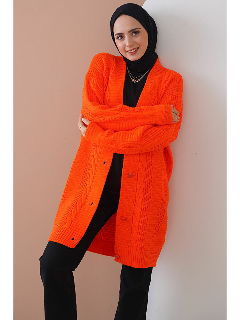 15768 Tesettür Triko Hırka - Turuncu-1