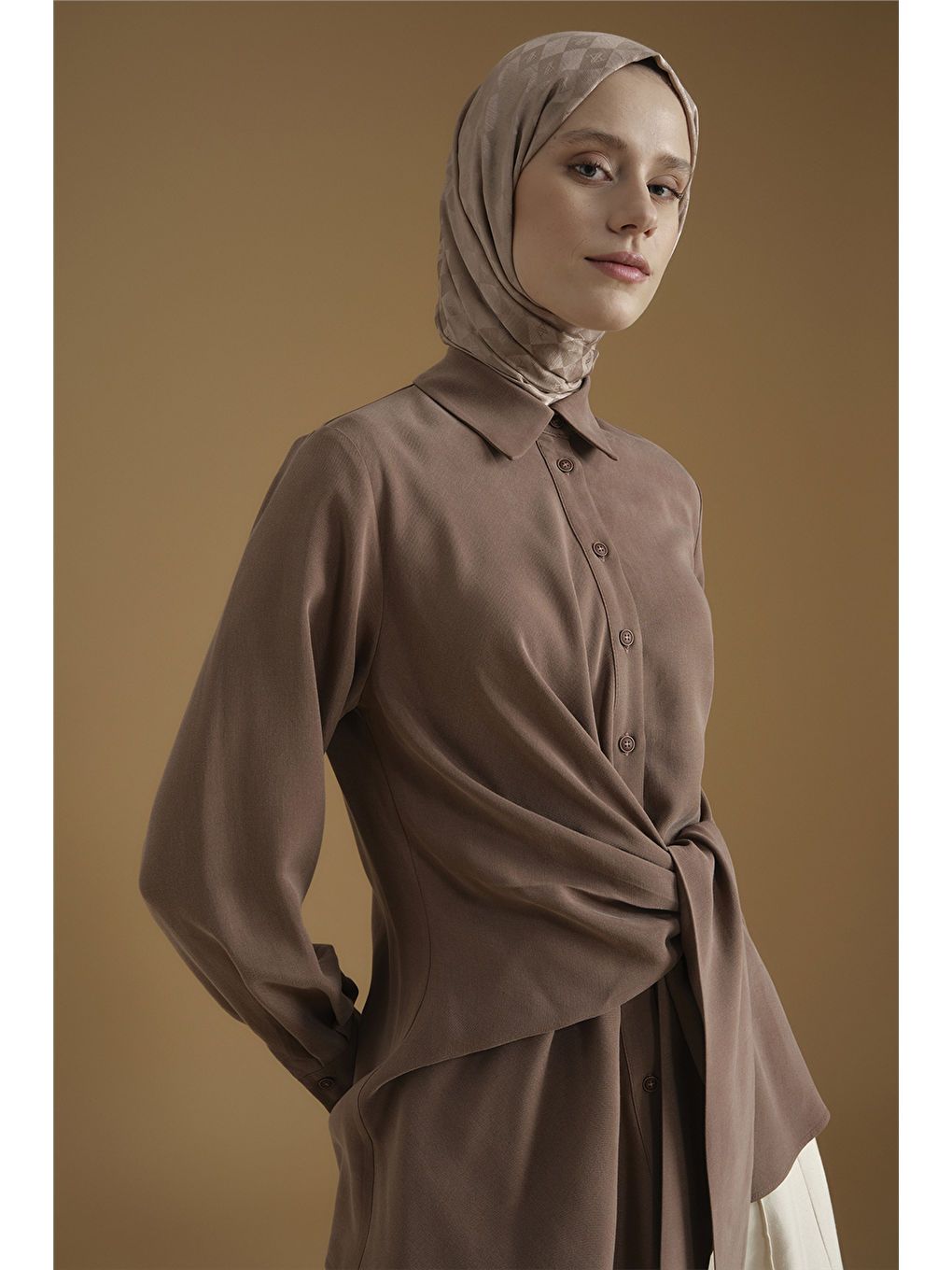 Kahverengi Bağlama Detaylı Tunik Kakao-5