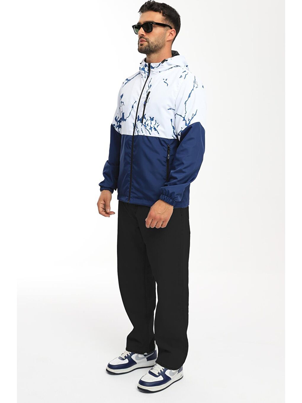 Beyaz Erkek Çift Renk Desenli Suya Ve Rüzgara Dayanıklı Kapüşonlu Cepli Yağmurluk-Rüzgarlık Y-450-3