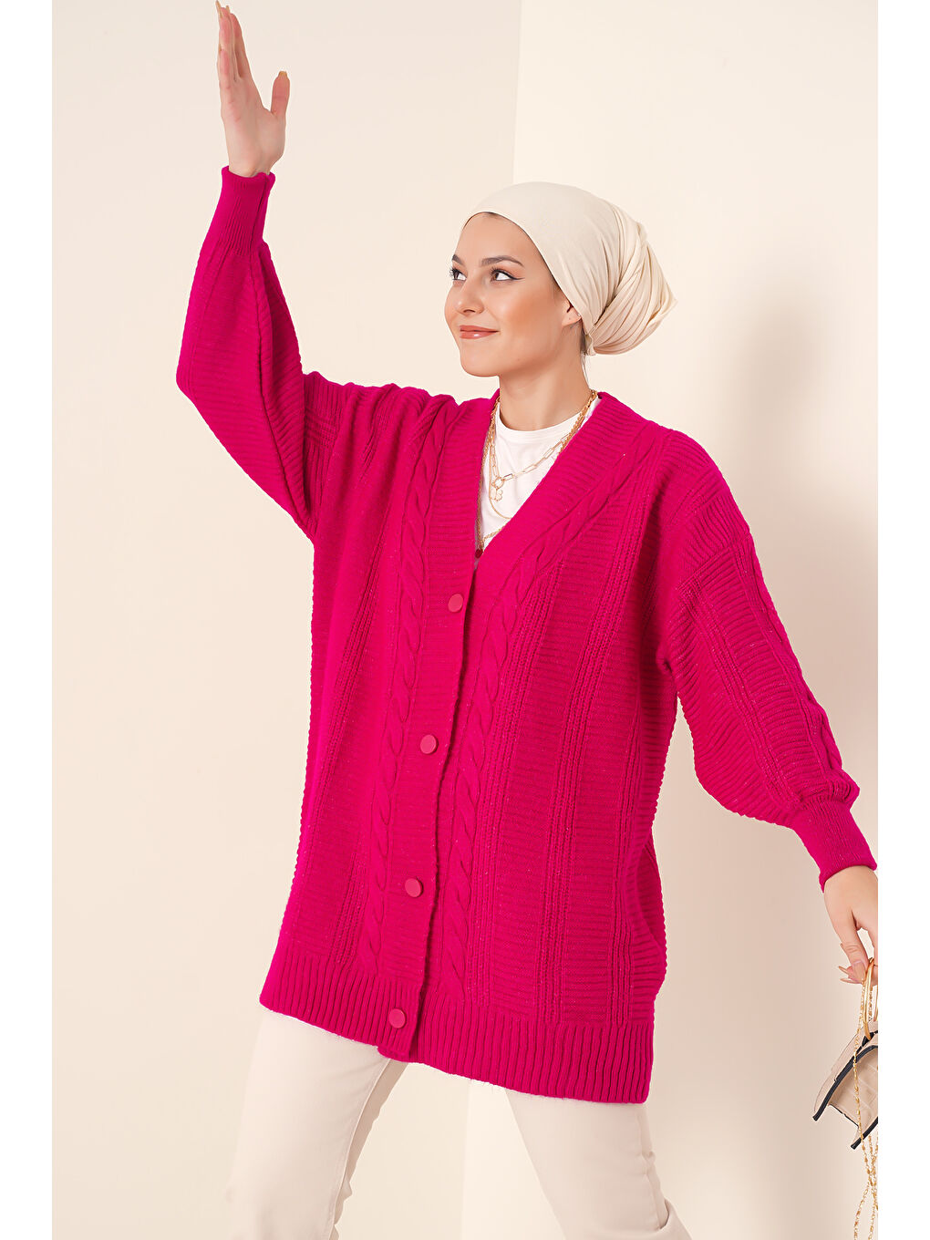 Petrol 15768 Tesettür Triko Hırka - Koyu Pembe-1