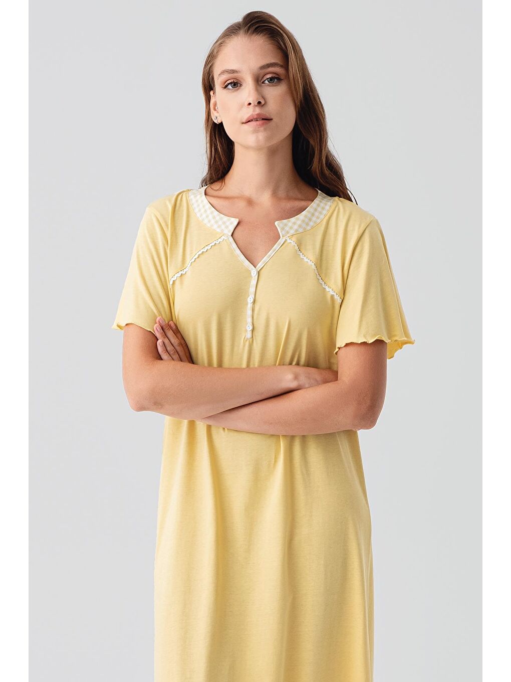 Sarı Kısa Kollu Düğmeli Uzun Esnek Pamuklu Gecelik 19100-3