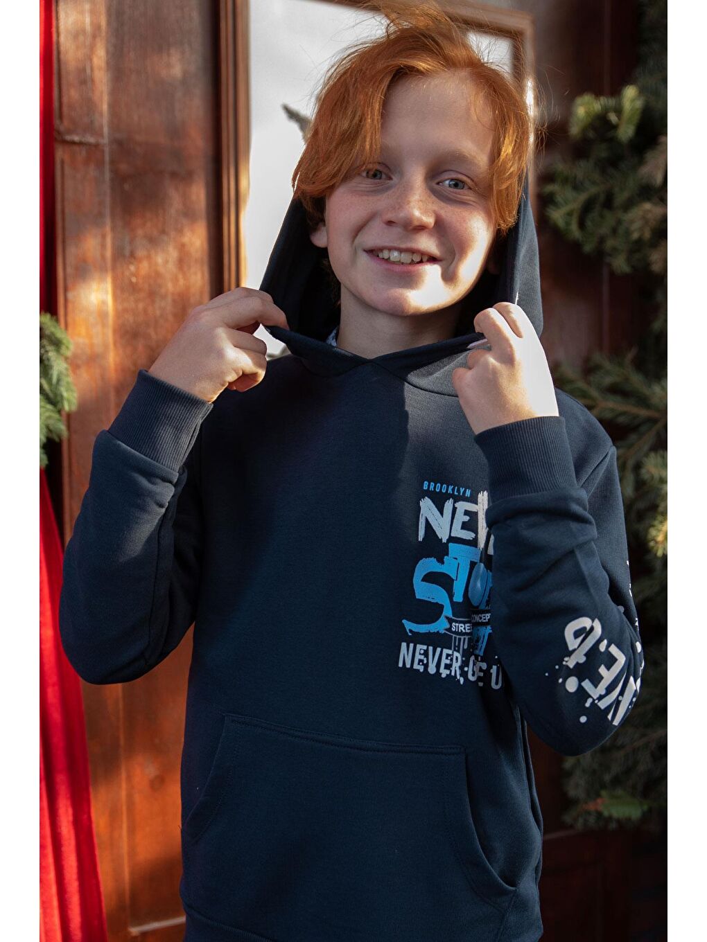 Erkek Çocuk Sweatshirt Kanguru Cepli Kapüşonlu Lacivert (9-16 Yaş)