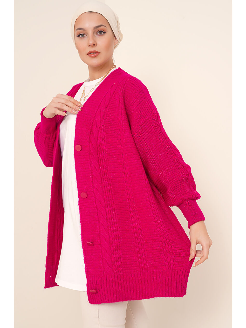 Petrol 15768 Tesettür Triko Hırka - Koyu Pembe-2