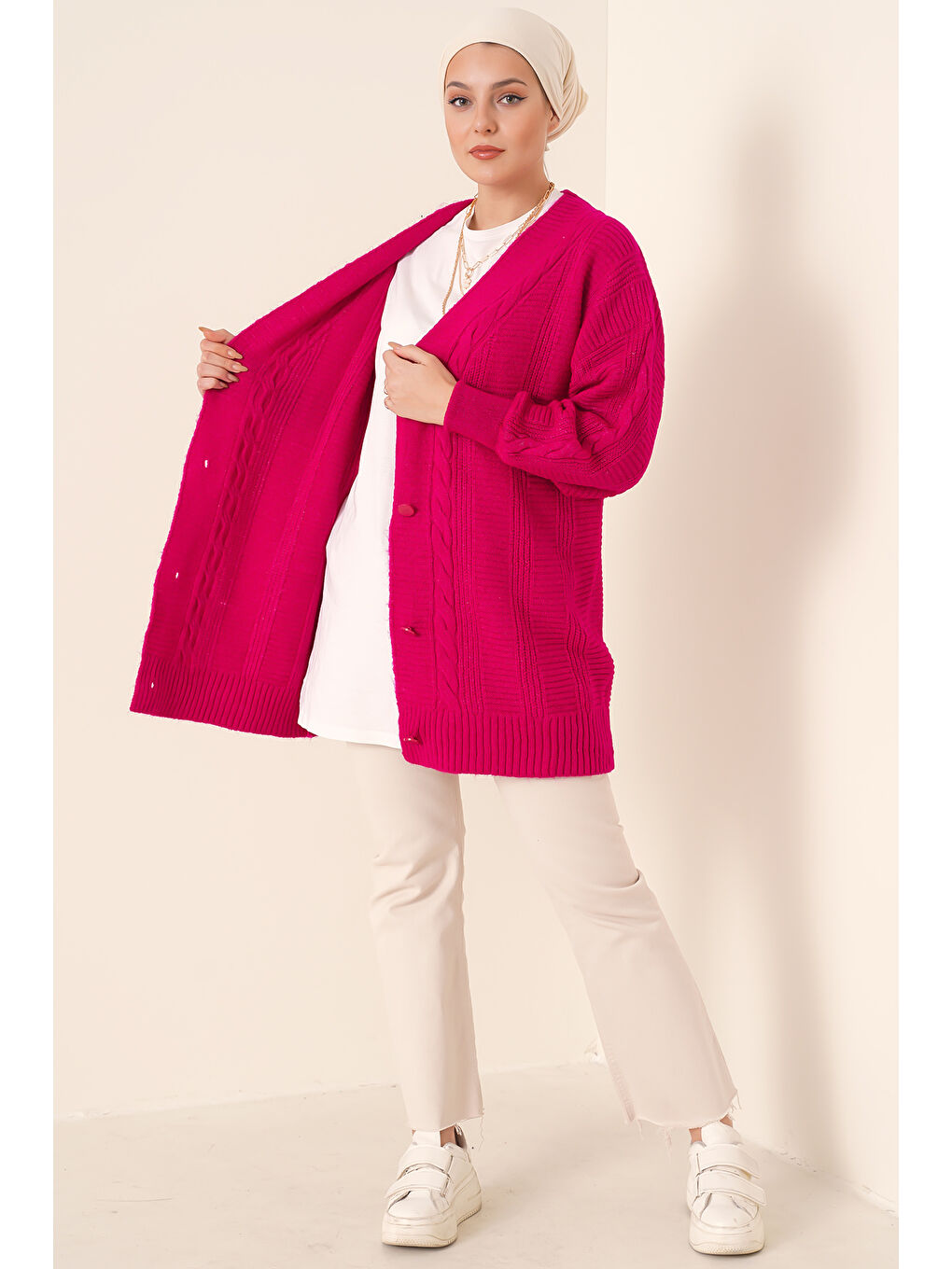 Petrol 15768 Tesettür Triko Hırka - Koyu Pembe-3