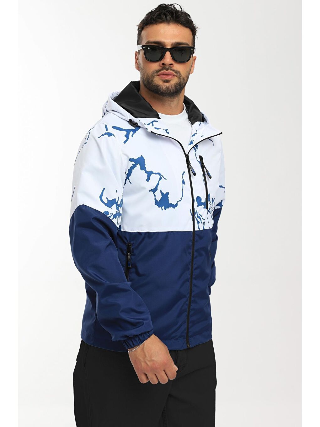 Beyaz Erkek Çift Renk Desenli Suya Ve Rüzgara Dayanıklı Kapüşonlu Cepli Yağmurluk-Rüzgarlık Y-450-4
