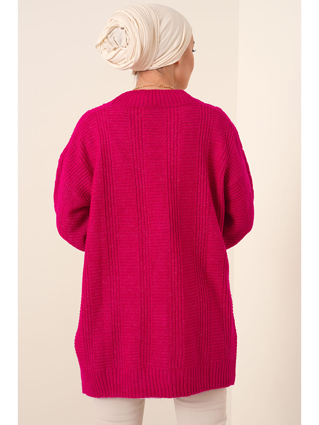 Petrol 15768 Tesettür Triko Hırka - Koyu Pembe-4