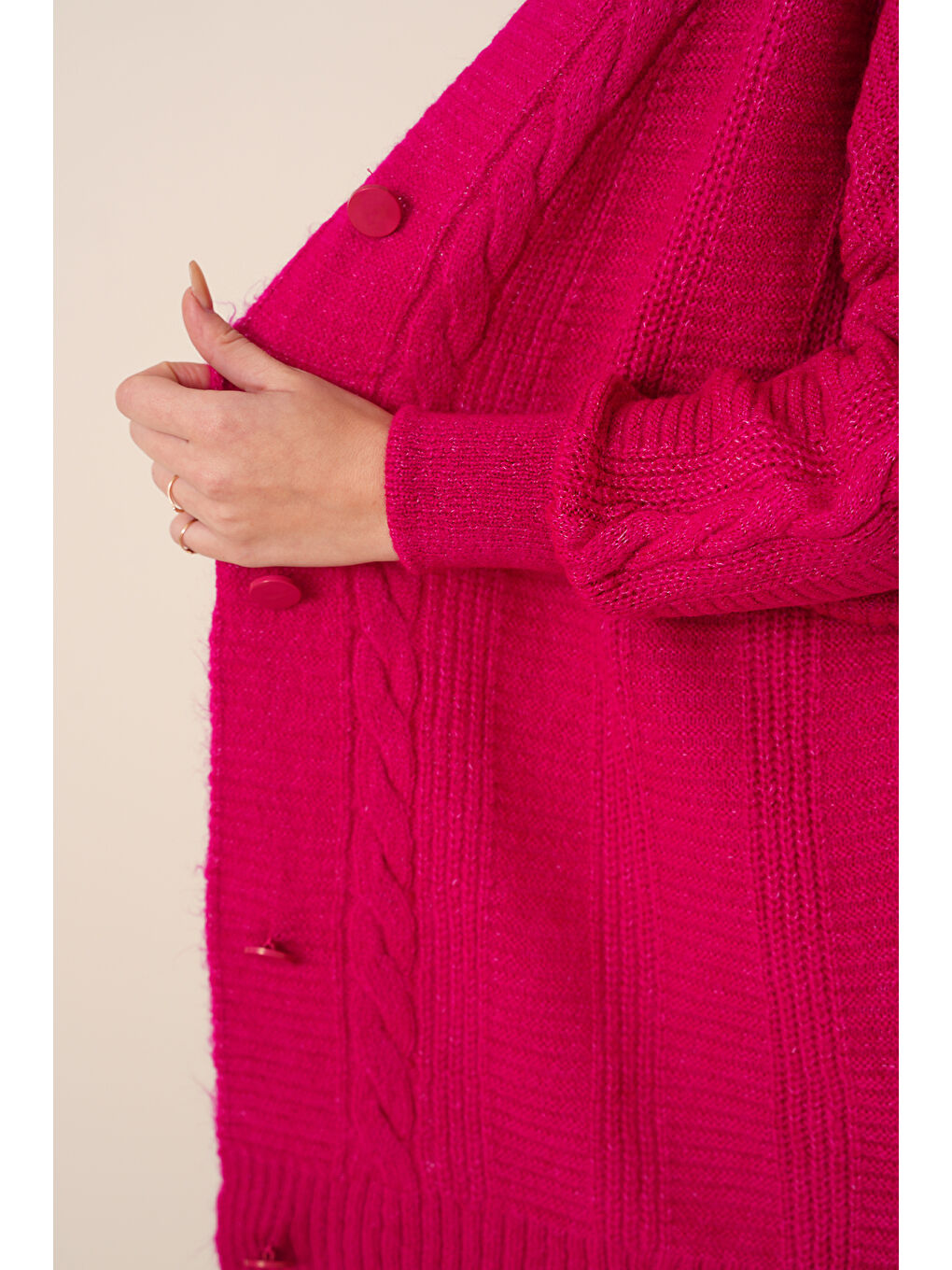 Petrol 15768 Tesettür Triko Hırka - Koyu Pembe-5