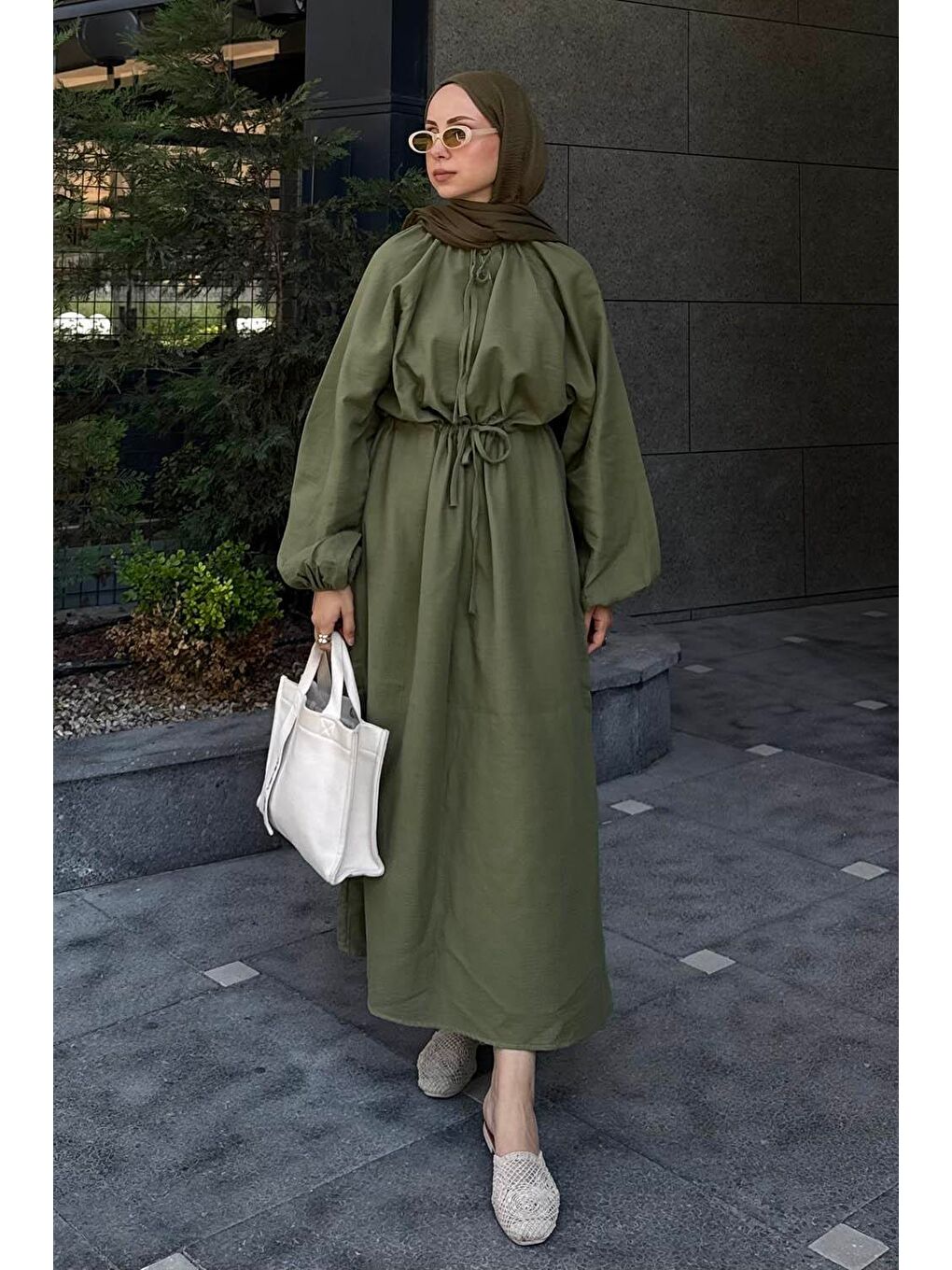 Balon Kol Bağlamalı Tesettür Elbise Haki-2