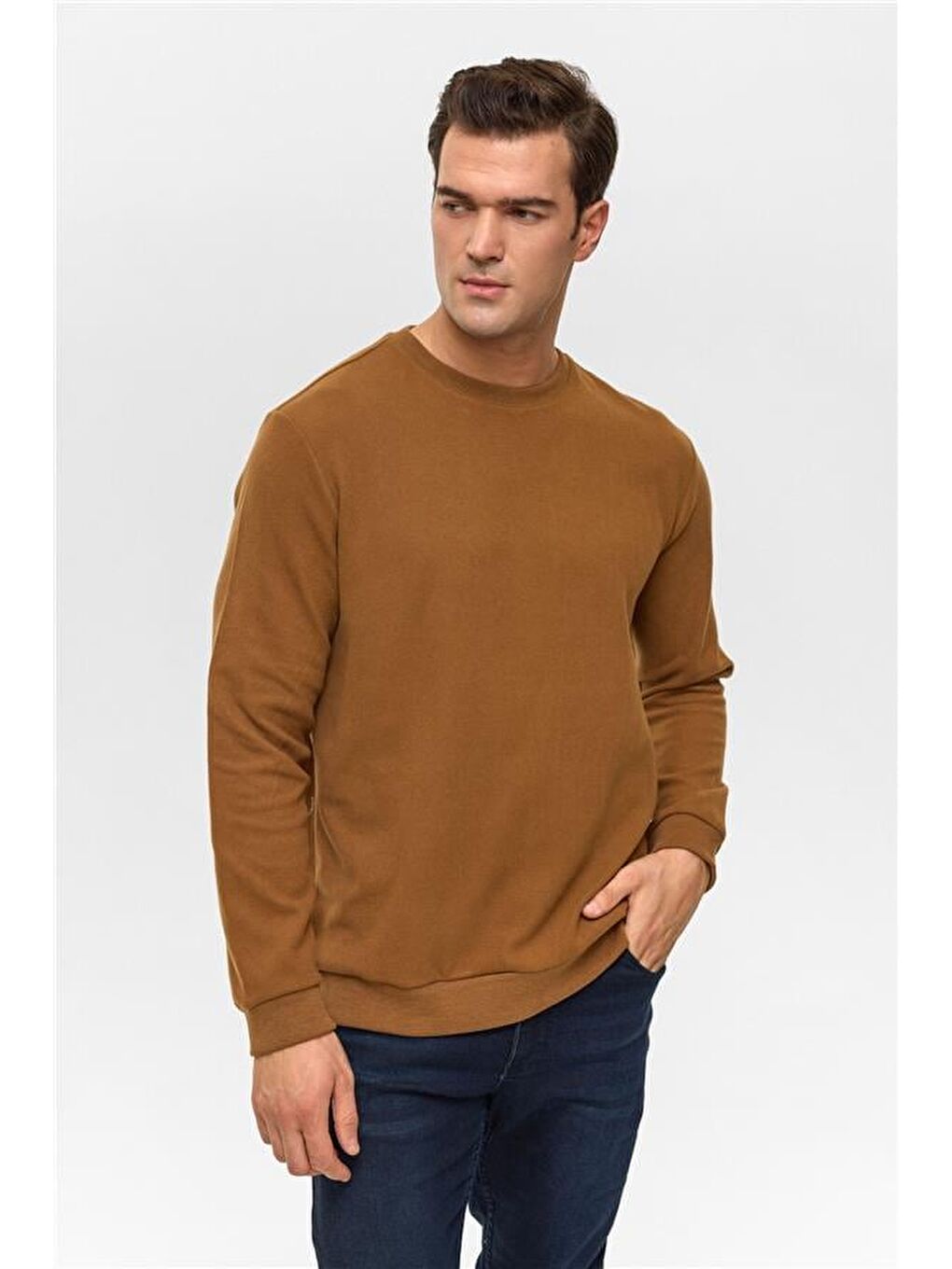 Kahverengi Koyu Kahve Regular Düz Bisiklet Yaka Sweatshirt