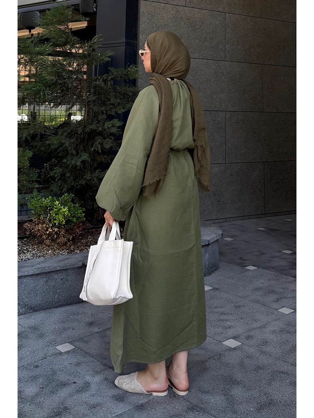 Balon Kol Bağlamalı Tesettür Elbise Haki-3