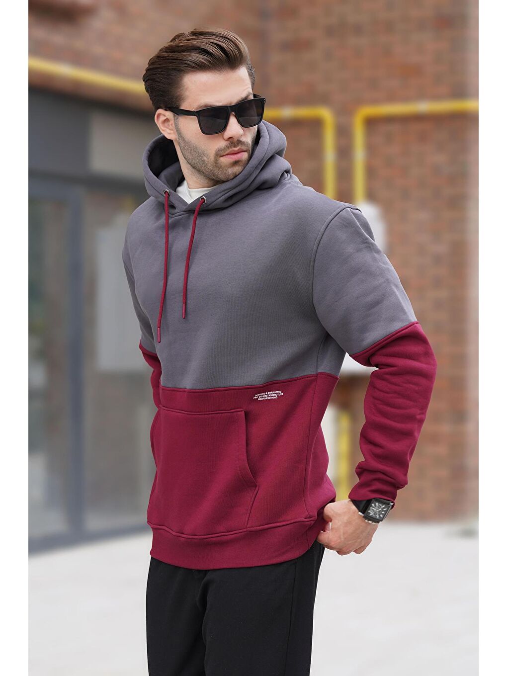 Madmext Füme Kapüşonlu Renk Bloklu Baskı Detaylı Erkek Sweatshirt 7046 - 1