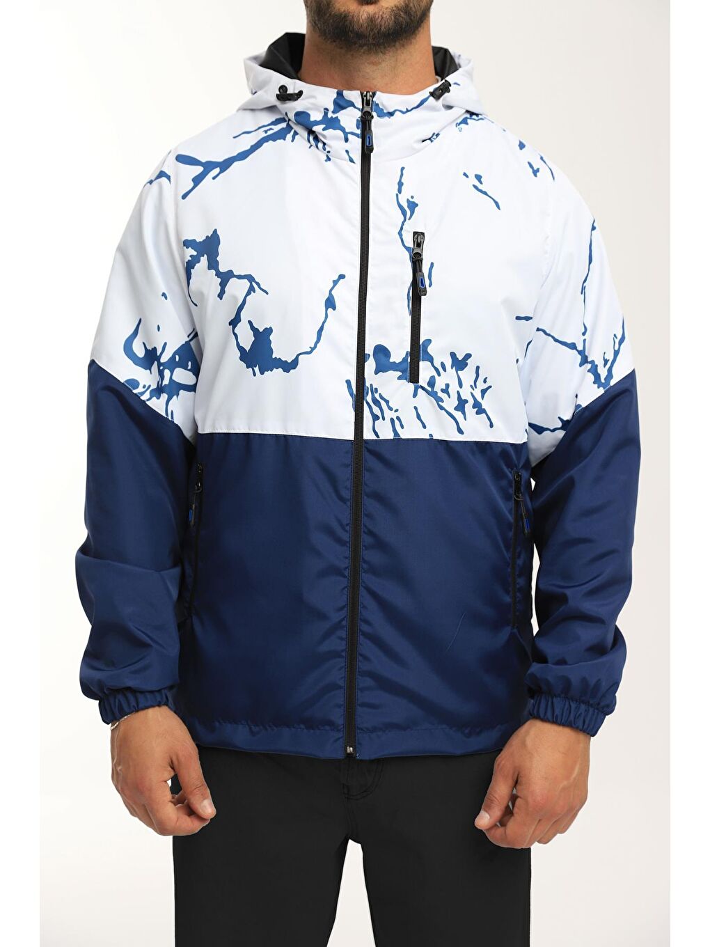 Beyaz Erkek Çift Renk Desenli Suya Ve Rüzgara Dayanıklı Kapüşonlu Cepli Yağmurluk-Rüzgarlık Y-450-5