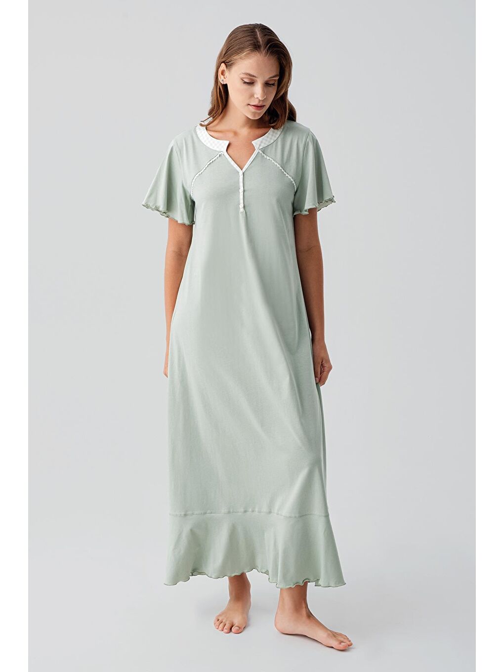 Yeşil Kısa Kollu Düğmeli Uzun Esnek Pamuklu Gecelik 19100-1