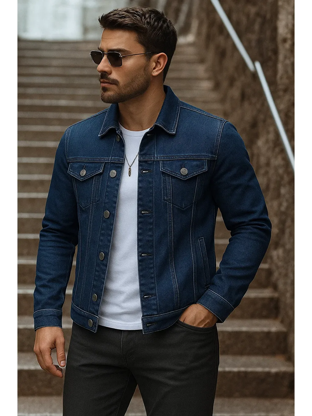 Erkek Mevsimlik Basic Günlük Trend Lacivert Jean Ceket