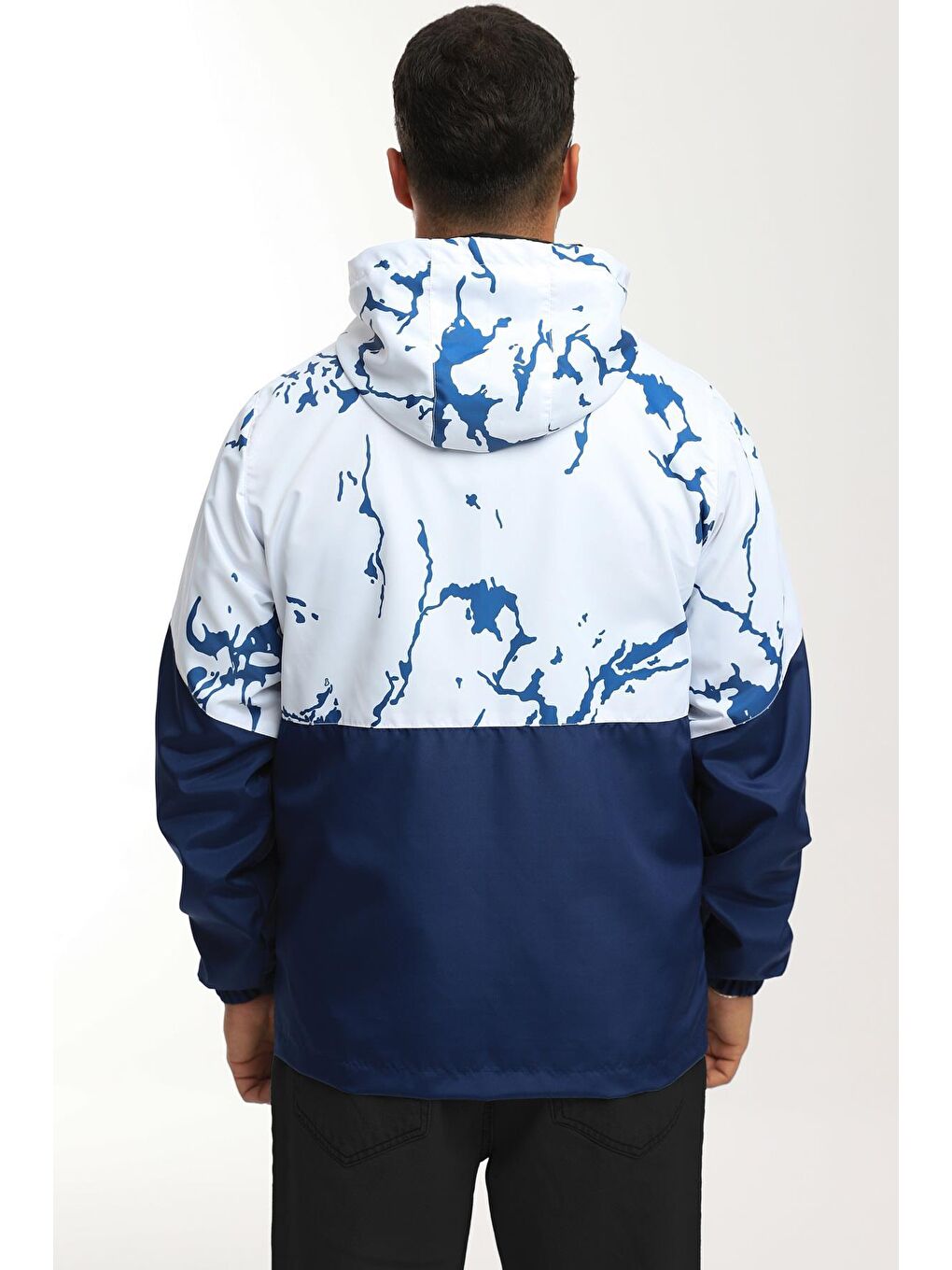 Beyaz Erkek Çift Renk Desenli Suya Ve Rüzgara Dayanıklı Kapüşonlu Cepli Yağmurluk-Rüzgarlık Y-450-6