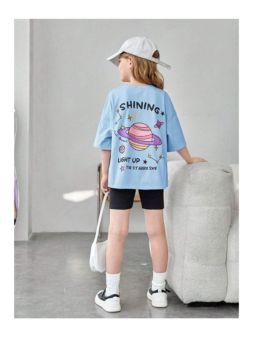 Trendseninle Bebek Mavisi Kız Çocuk Bebe Mavisi Shining Baskılı Oversize T-shirt Biker Şortlu Takım - 2