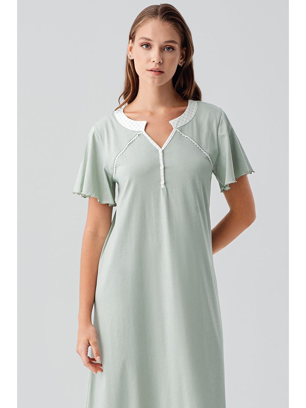 Yeşil Kısa Kollu Düğmeli Uzun Esnek Pamuklu Gecelik 19100-2