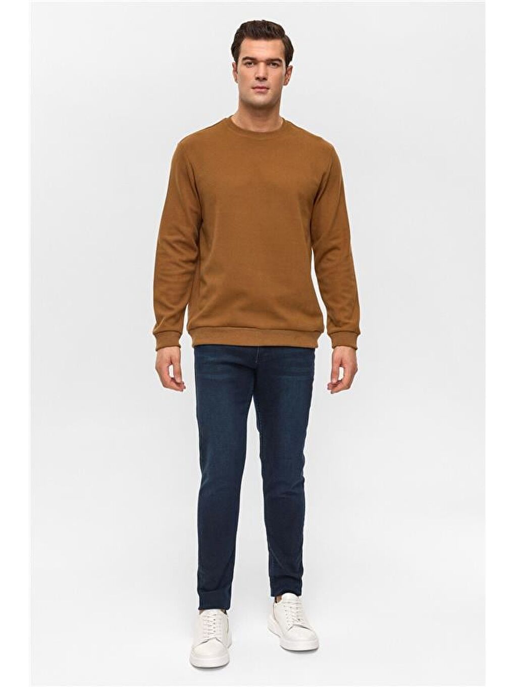 Kahverengi Koyu Kahve Regular Düz Bisiklet Yaka Sweatshirt-5