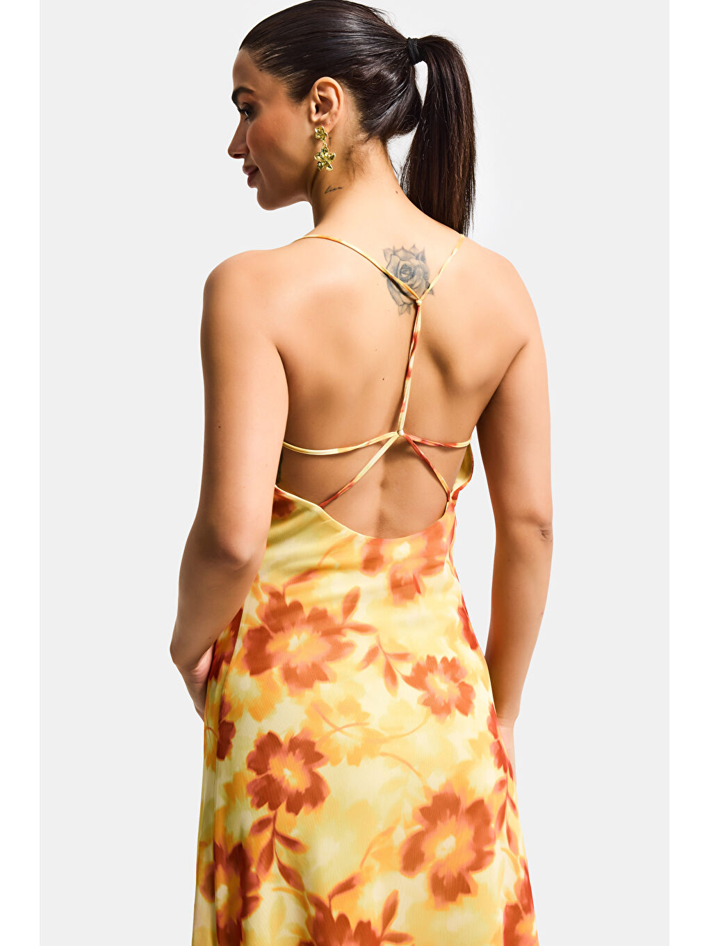 Kadın Sarı Baskılı s6 Çiçek Desen-4 Maxi Boy Özel Tasarım Elastan Elbise-2