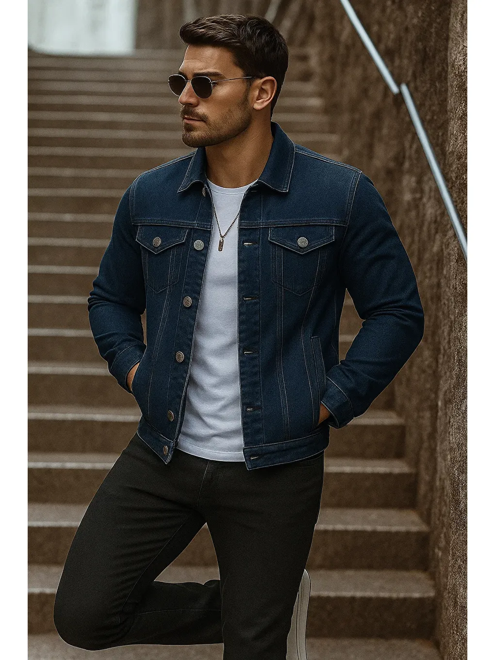 Erkek Mevsimlik Basic Günlük Trend Lacivert Jean Ceket-2