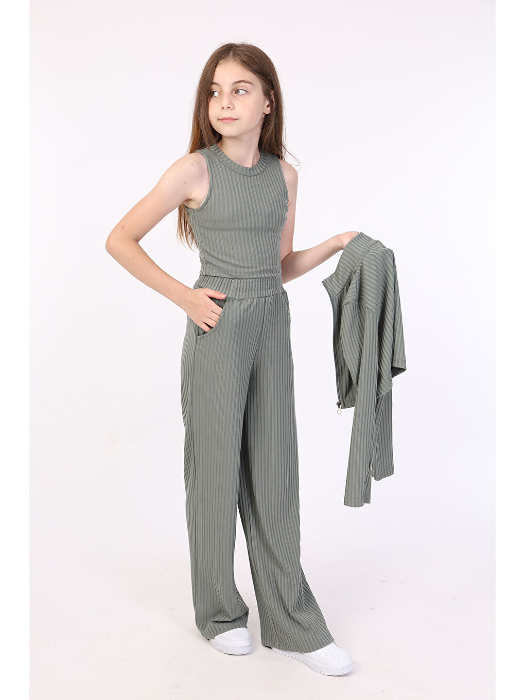 Haki Kız Çocuk 3lü Eşofman Takım