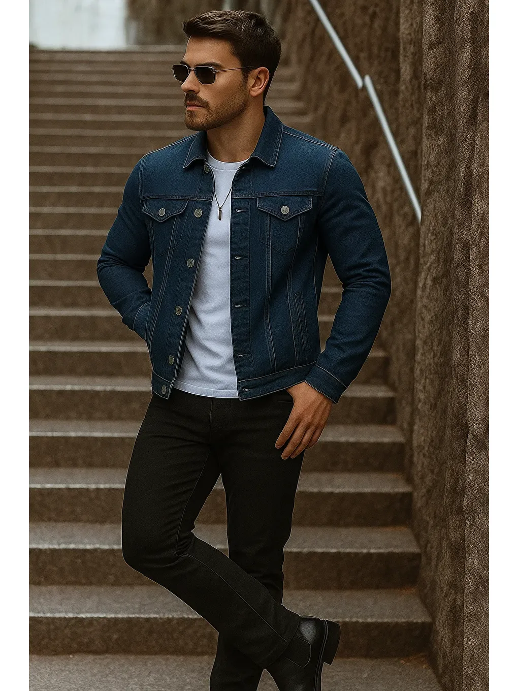 Erkek Mevsimlik Basic Günlük Trend Lacivert Jean Ceket-3