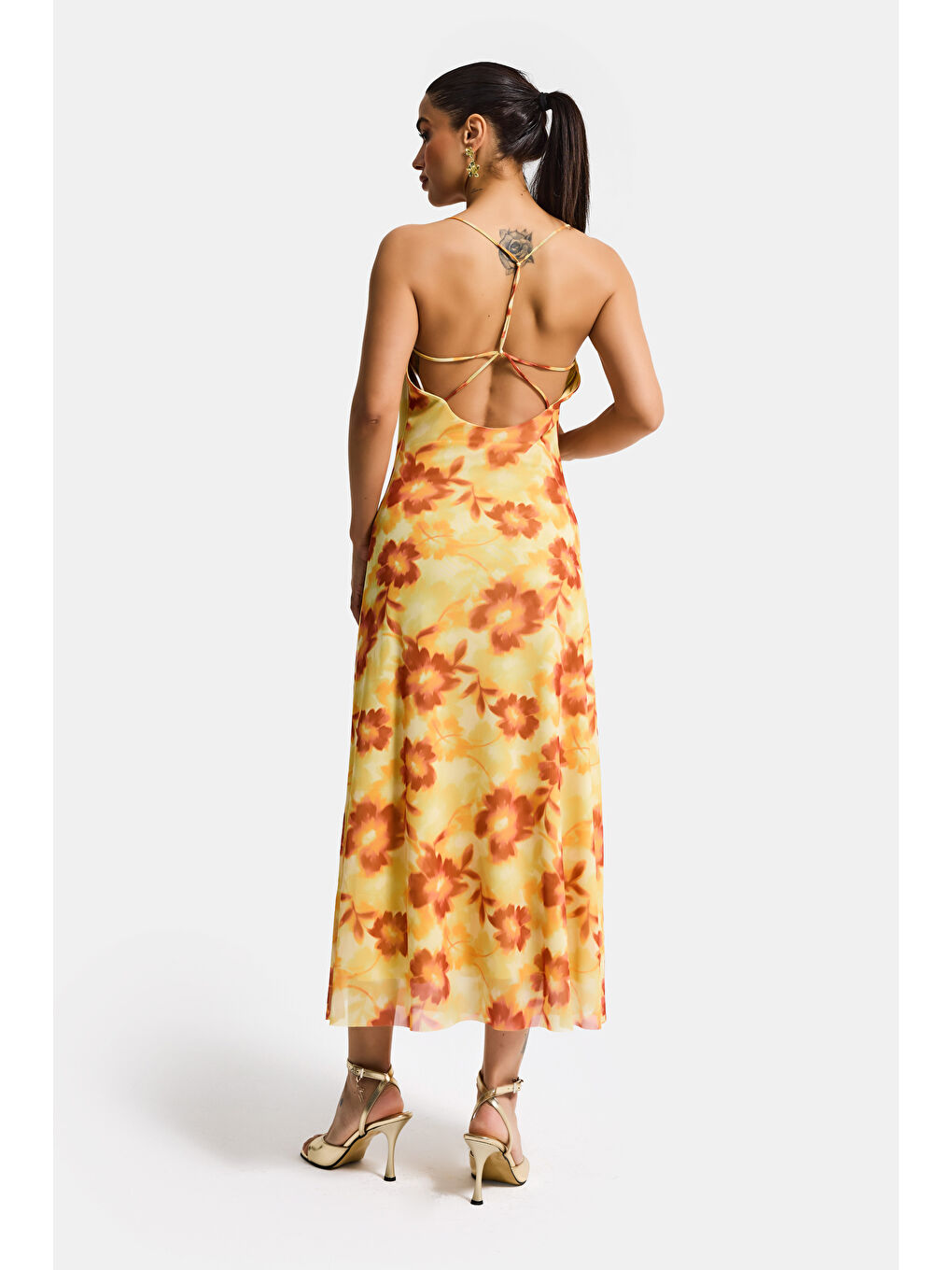 Kadın Sarı Baskılı s6 Çiçek Desen-4 Maxi Boy Özel Tasarım Elastan Elbise-3