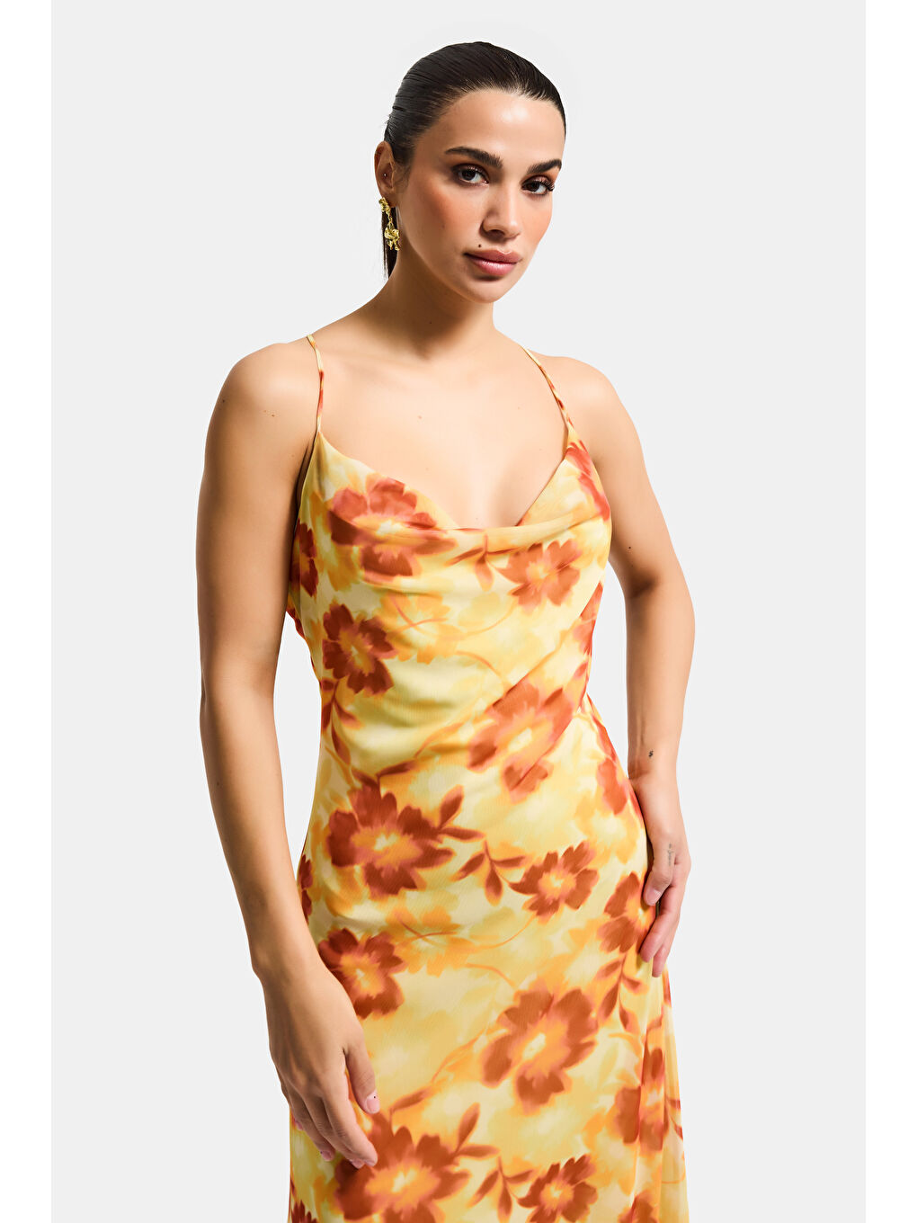 Kadın Sarı Baskılı s6 Çiçek Desen-4 Maxi Boy Özel Tasarım Elastan Elbise-5