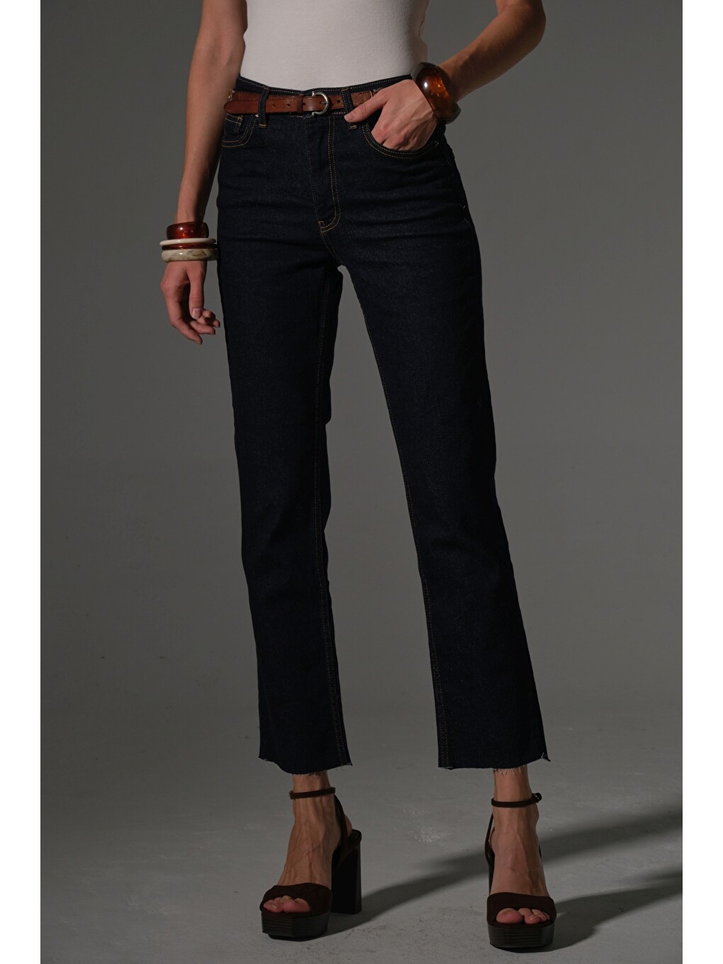 Lacivert Esnek Pamuklu Kumaş Kesik Paça 5 cep Skinny Slim Kadın Jean Pantolon @Kosova-1
