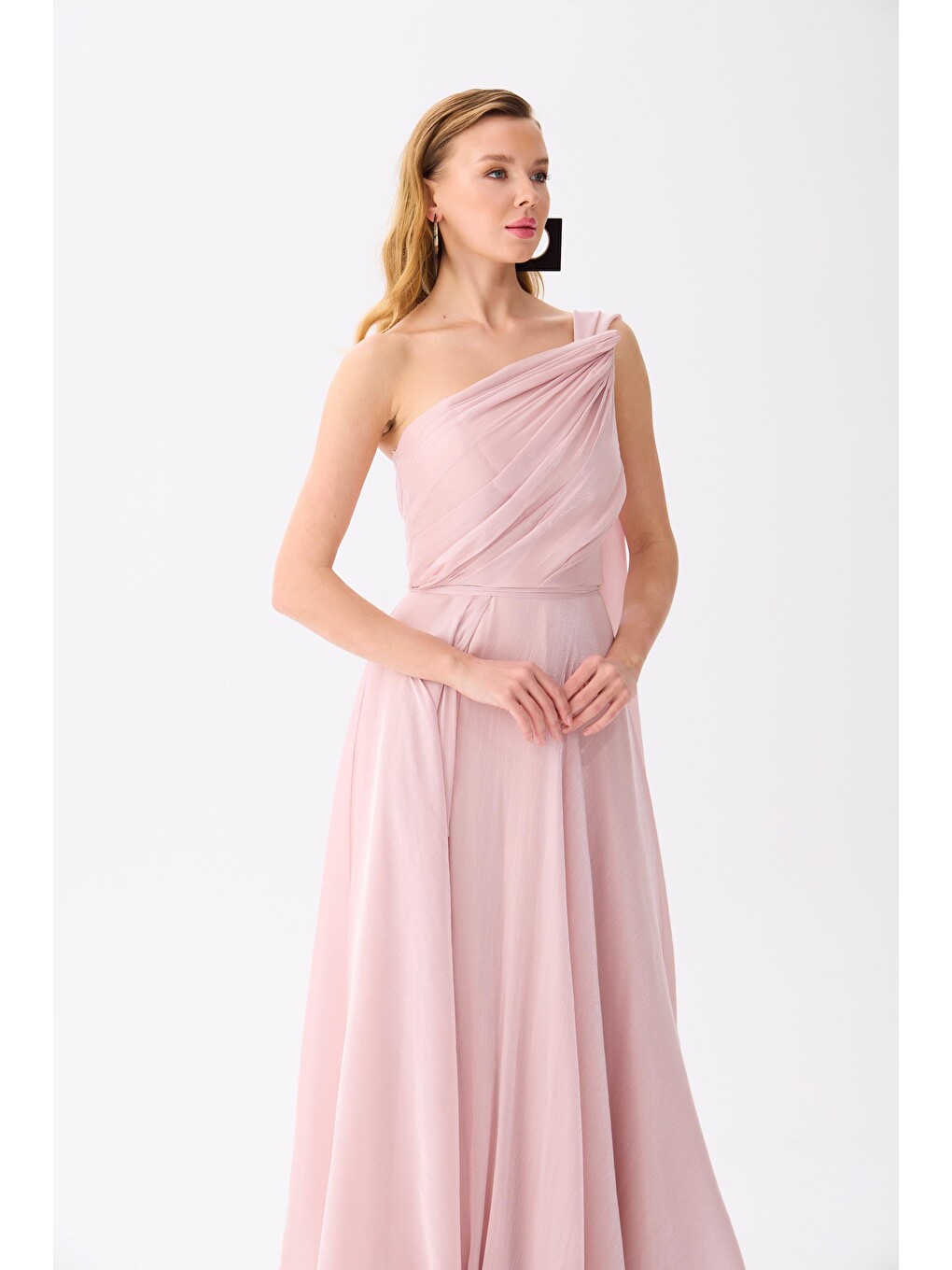 Pembe Pudra Tek Kol Kuyruklu Saten Abiye Elbise-2