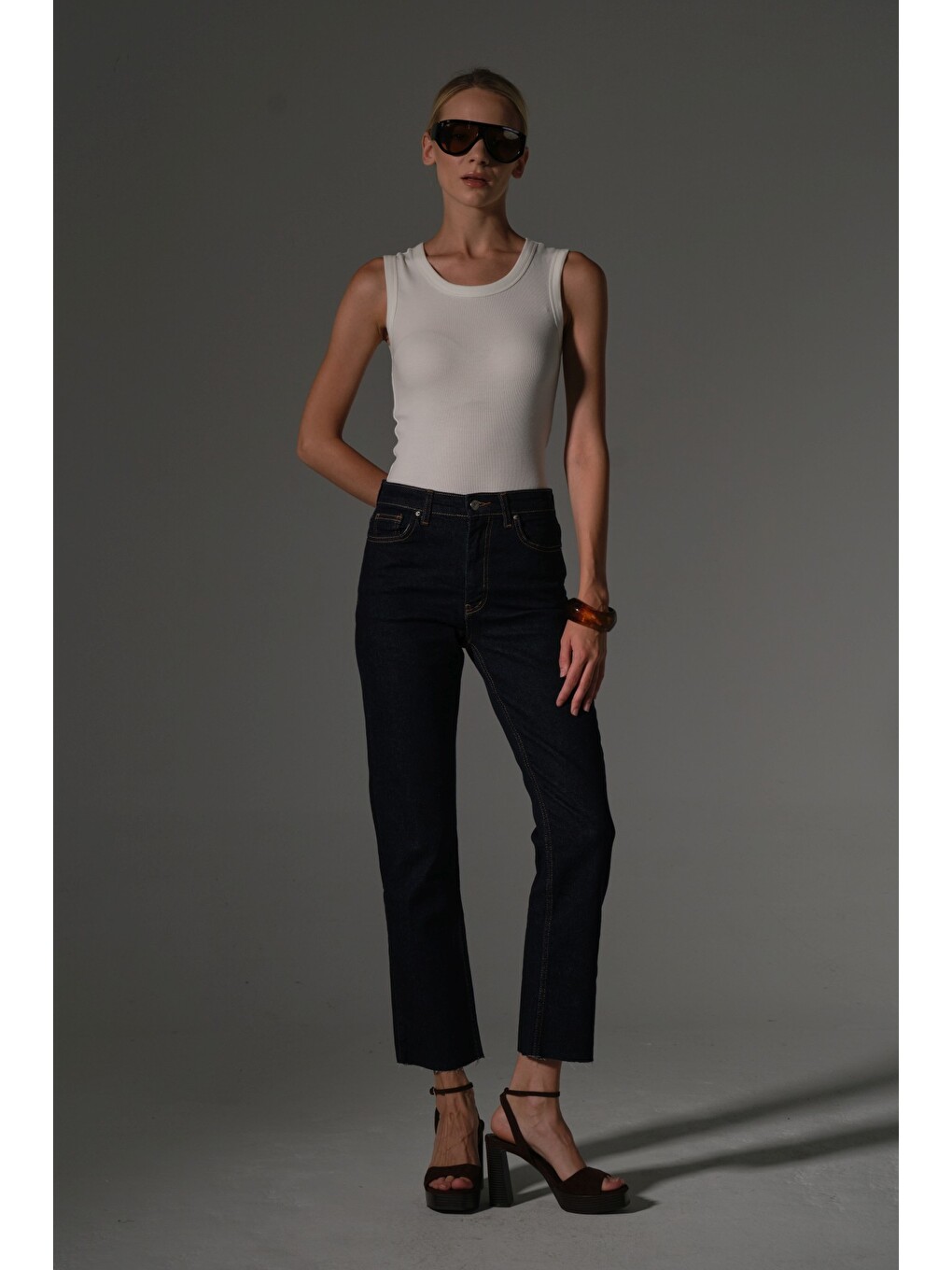 Lacivert Esnek Pamuklu Kumaş Kesik Paça 5 cep Skinny Slim Kadın Jean Pantolon @Kosova-5
