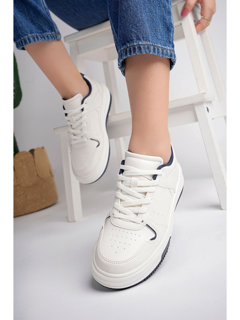 Beyaz Lacivert Kadın Sneaker Günlük Ayakkabı-1