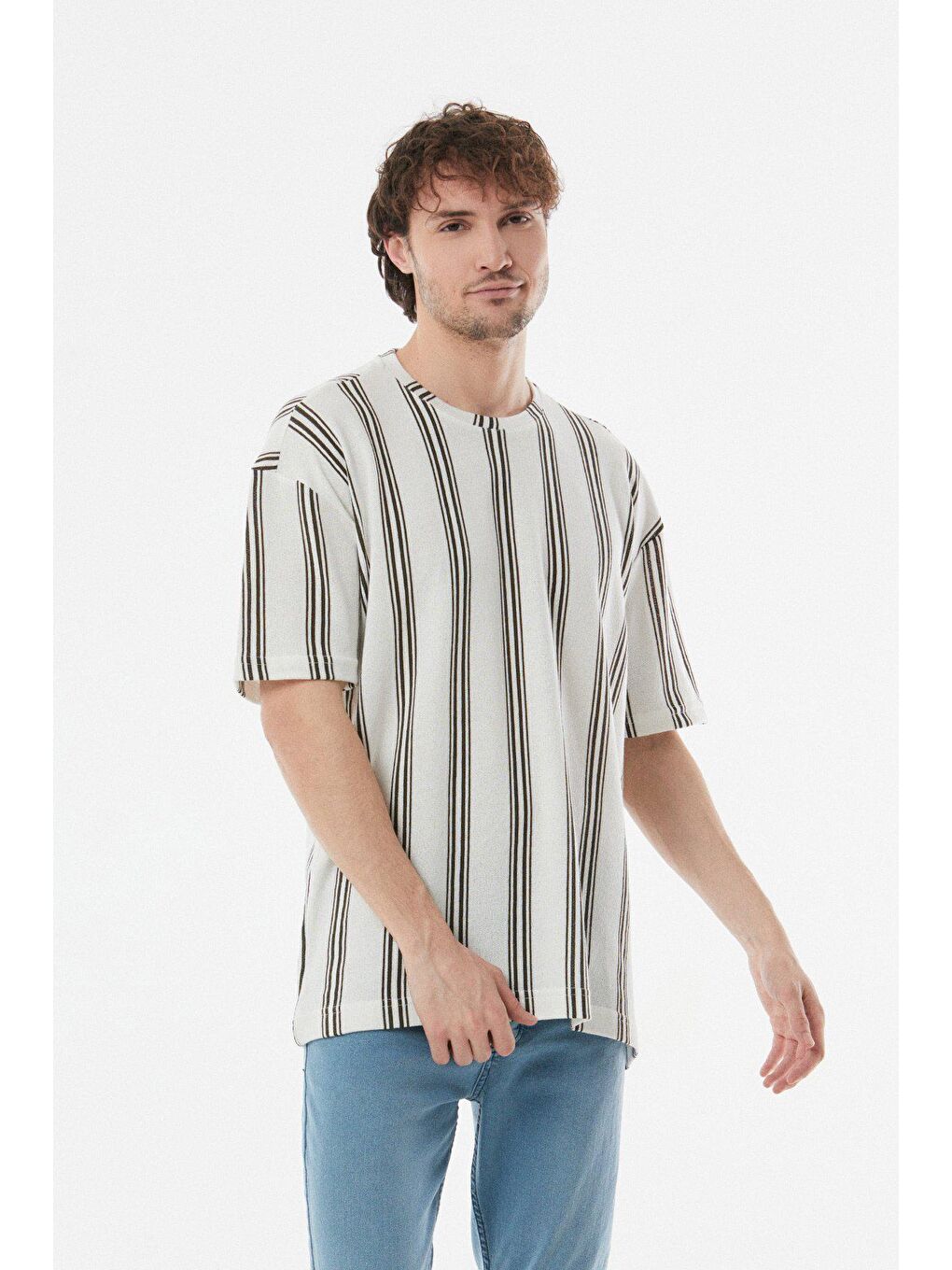 Haki Çizgili Bisiklet Yaka Oversize Tişört