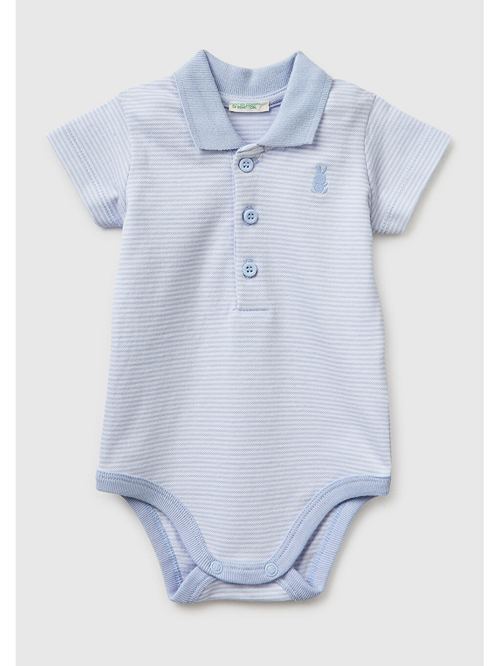 Bebek Toz Mavi Göğsü Logolu Çizgili Polo Yaka Çıtçıtlı Kısa Kollu Body