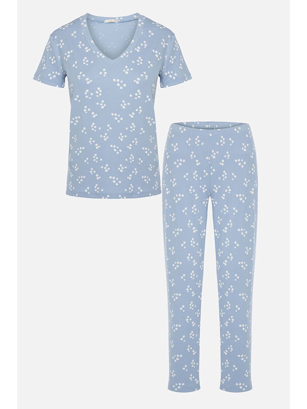 Mavi Kadın Kısa Kollu Pamuklu Fitilli Kaşkorse Pijama Takımı