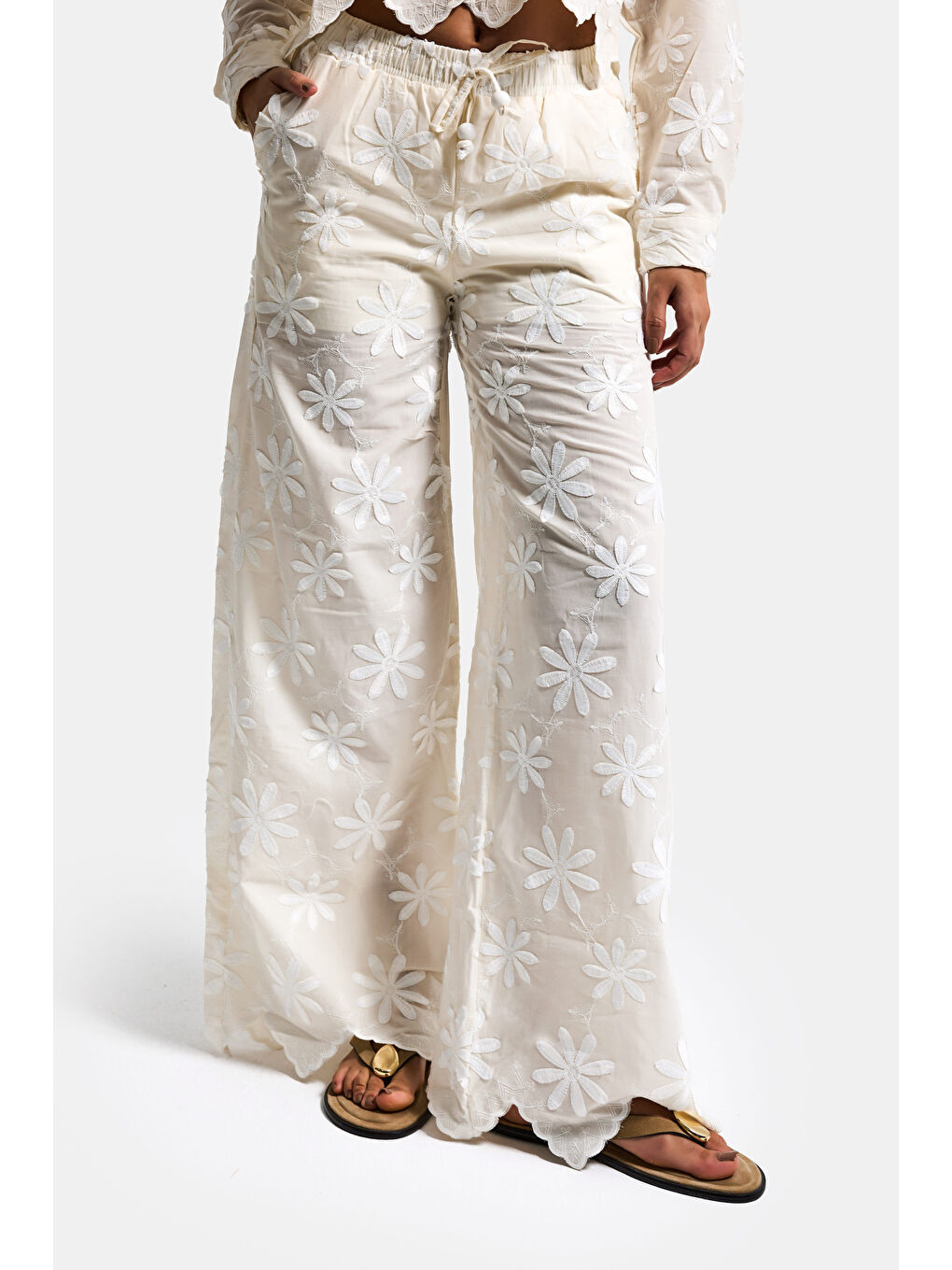 Bej Kadın Taş Renk Palazzo Fit Papatya Desenli Özel Tasarım Pantolon