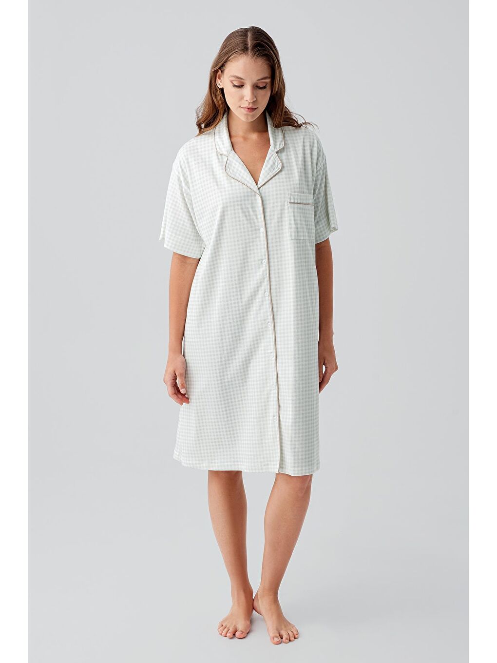 Yeşil Kısa Kollu Düğmeli Esnek Pamuklu Gecelik 19101