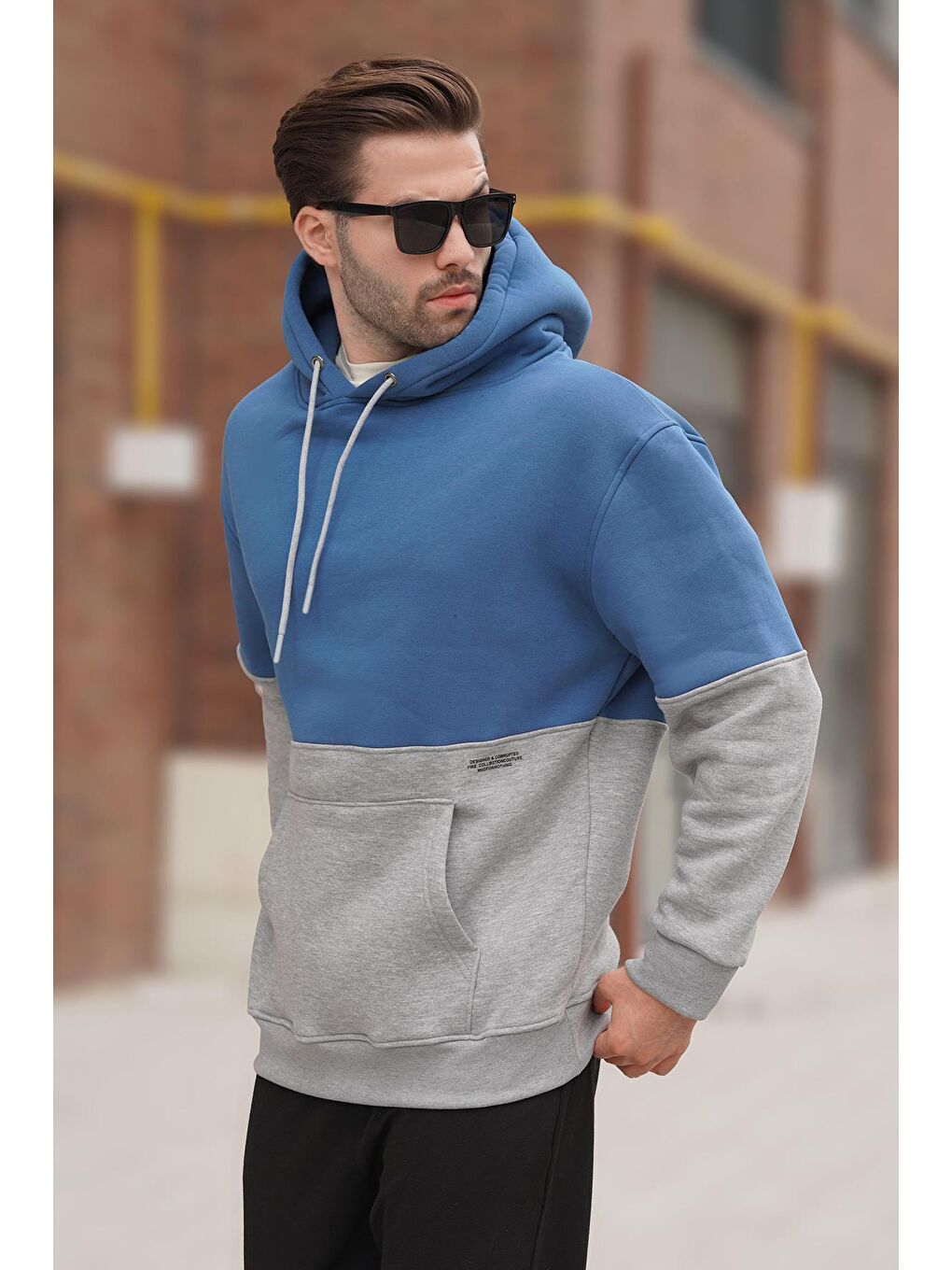 Madmext İndigo Kapüşonlu Renk Bloklu Baskı Detaylı Erkek Sweatshirt 7046 - 1