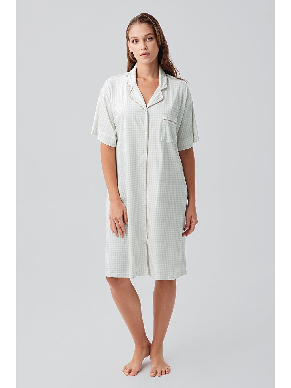 Yeşil Kısa Kollu Düğmeli Esnek Pamuklu Gecelik 19101-1