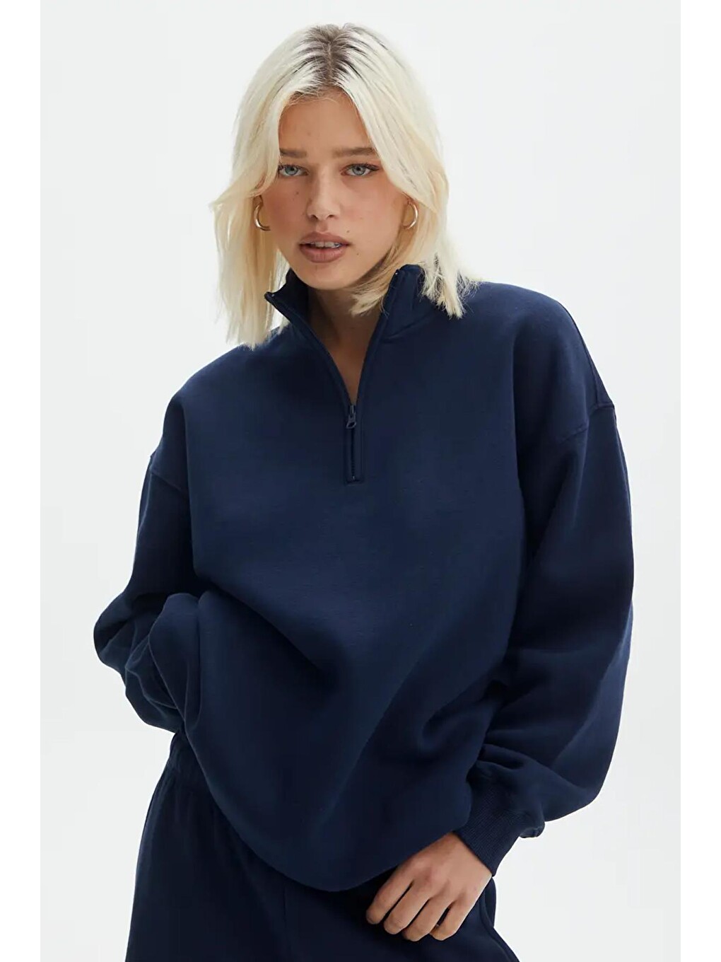 Lacivert Fermuar Detaylı Oversize Sweatshirt Mg1933